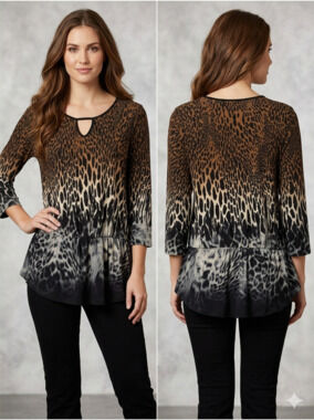 Cato Leopard Print Peplum Top Large L Brown Gray Ombre Shimmer Sparkle Blouse